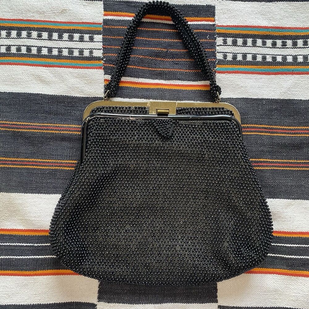 Vintage 40’s/50’s Corde Bead Handbag. Black Beaded With Gold Hardware. Rare.